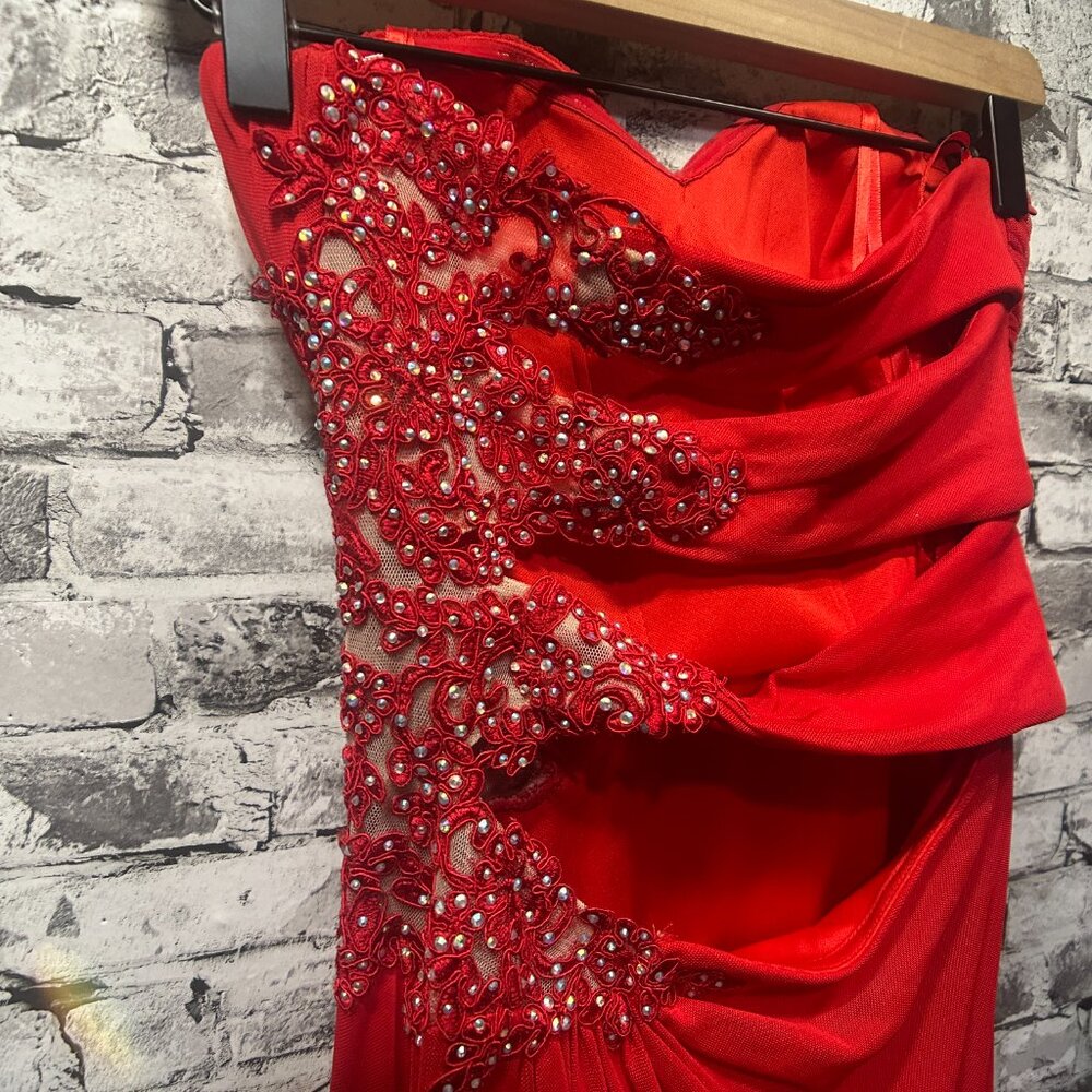 EUC Xscape Strapless Beaded Cut Out Back Prom Dress Size 0 (Red) STYLE# XS6876 - Picture 8 of 15
